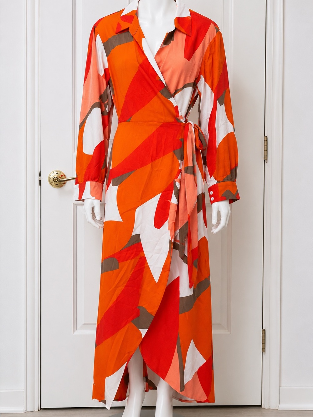 Women's Orange Abstract Wrap Maxi Dress with Tie Waist